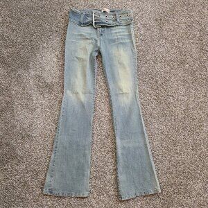 Alphabet St Funky Belt Green Wash Blue Stretch Flare Jeans  - Size Medium (~Sz 5